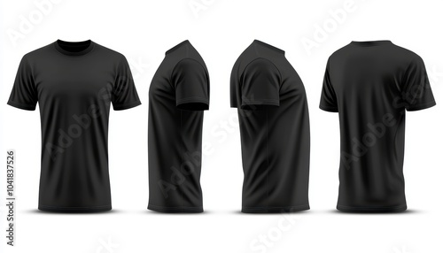 Front, side, and back views of a plain black t-shirt on a white background