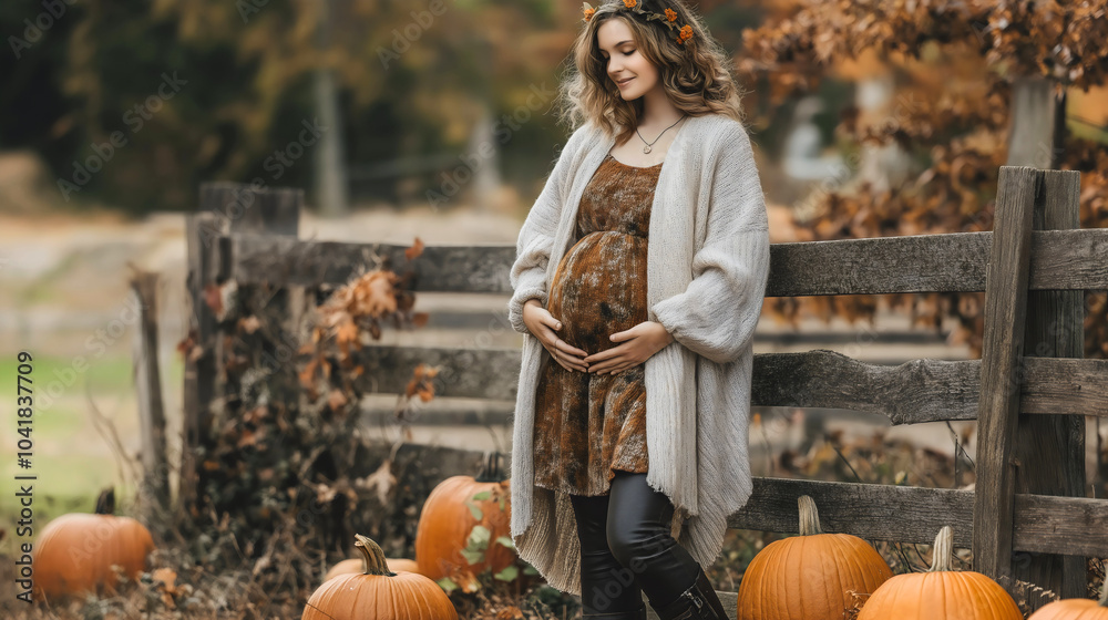 Pregnant woman enjoying the rural countryside during autumn, celebrating motherhood and pregnancy surrounded by pumpkins and nature, her happiness radiating in the beautiful outdoors under a sunny sky Pregnant woman enjoying the rural countryside during autumn, celebrating motherhood and pregnancy surrounded by pumpkins and nature, her happiness radiating in the beautiful outdoors under a sunny sky