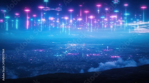 Fototapeta Naklejka Na Ścianę i Meble -  A neonlit megacity where massive space stations orbit above