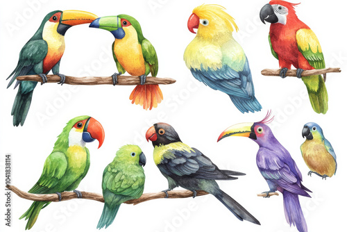 A detailed watercolor set of rainforest birds, featuring colorful toucans, parakeets, and tropical finches. Isolated on a clean white background, this vibrant set is perfect for wild nature-inspired photo