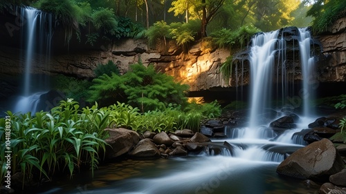 a breathtaking waterfall cascading through a lush green forest. Sunlight filters through the dense foliage, casting dappled shadows on the moss-covered rocks and ferns that line the riverbank.