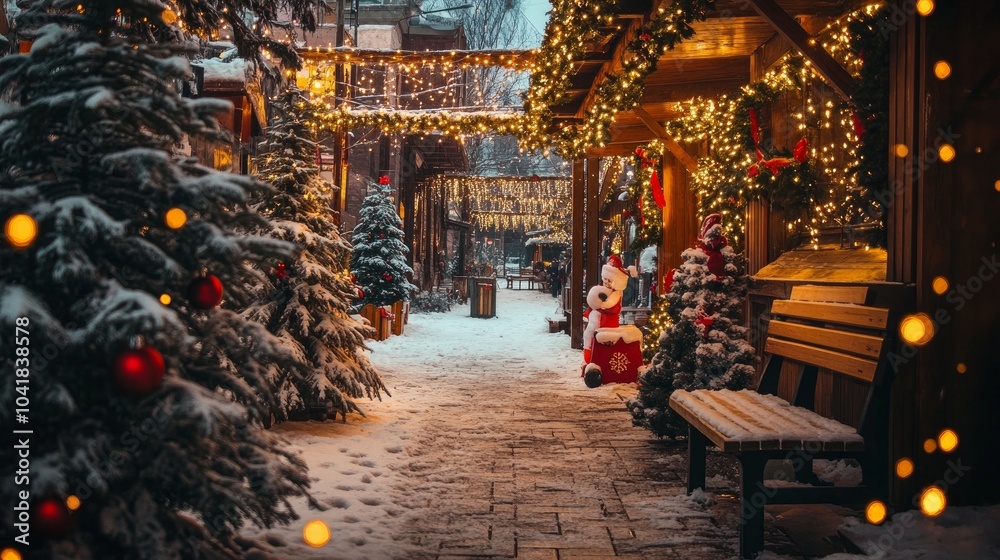 Snowy New Year's photo zone by a bakery cafe. Toys, Christmas trees, benches, garland, and twinkling lightbulbs are examples of Christmas décor. festive atmosphere. image for a postcard Snowy New Year's photo zone by a bakery cafe. Toys, Christmas trees, benches, garland, and twinkling lightbulbs are examples of Christmas décor. festive atmosphere. image for a postcard