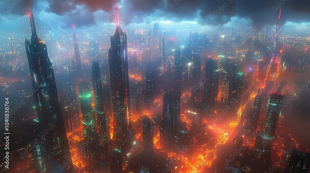 Aerial view of a vibrant, futuristic city skyline at night. Aerial view of a vibrant, futuristic city skyline at night.