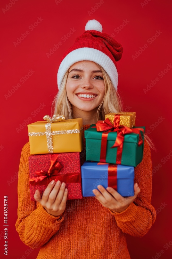 Happy female with gift box in holiday season. Happy female with gift box in holiday season.