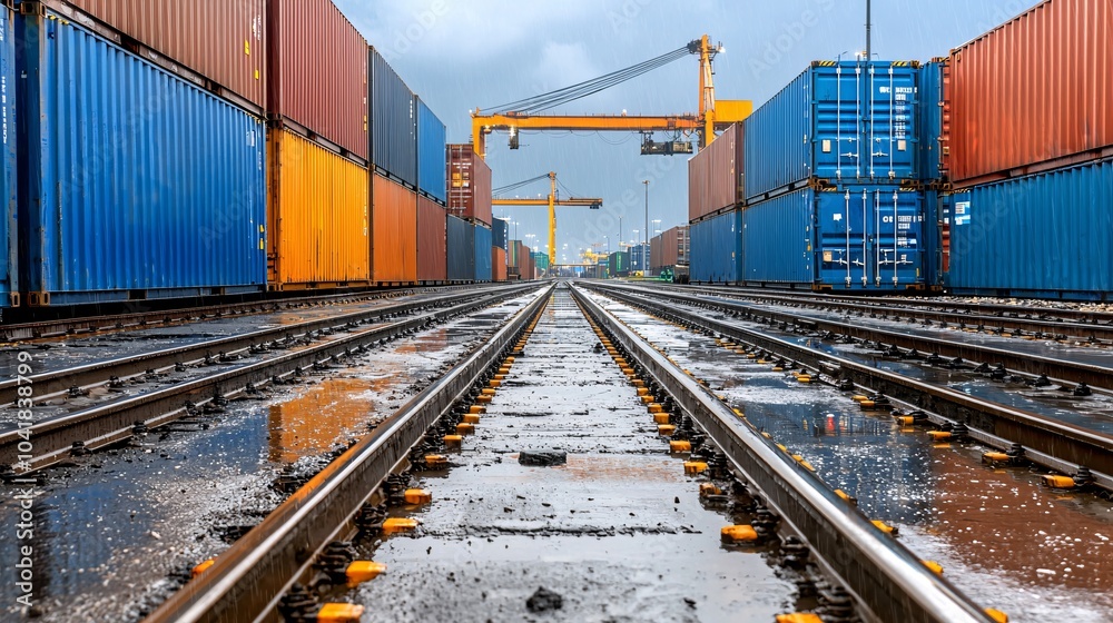 Railroad Tracks in a Container Port After Rain. Railroad Tracks in a Container Port After Rain.