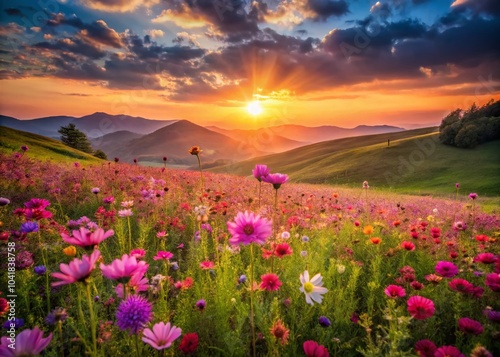 Dreamy Pink and Purple Wildflower Meadow at Sunrise with Soft Hills - Nature Silhouette Photography