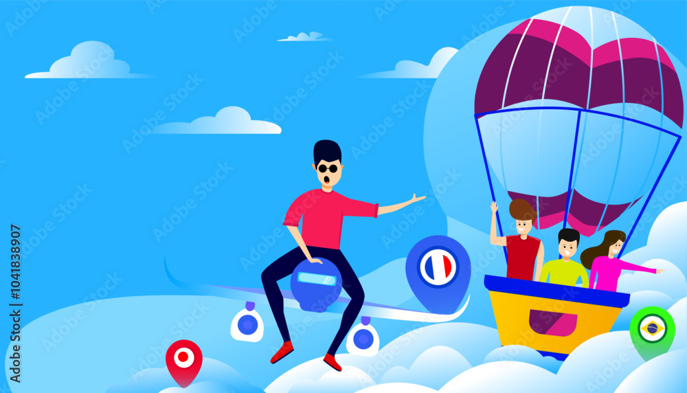 Fototapeta premium illustration of a man who is promoting a trip around the world with three customers riding in a balloon