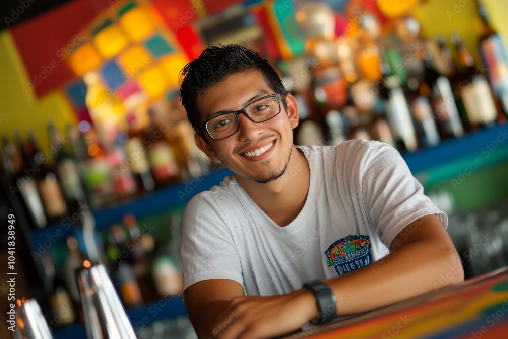 A young adult Hispanic bartender serving craft beers with a vibrant energy. The colorful and lively bar reflects the bartender friendly nature and the wide range of beers available. A young adult Hispanic bartender serving craft beers with a vibrant energy. The colorful and lively bar reflects the bartender friendly nature and the wide range of beers available.