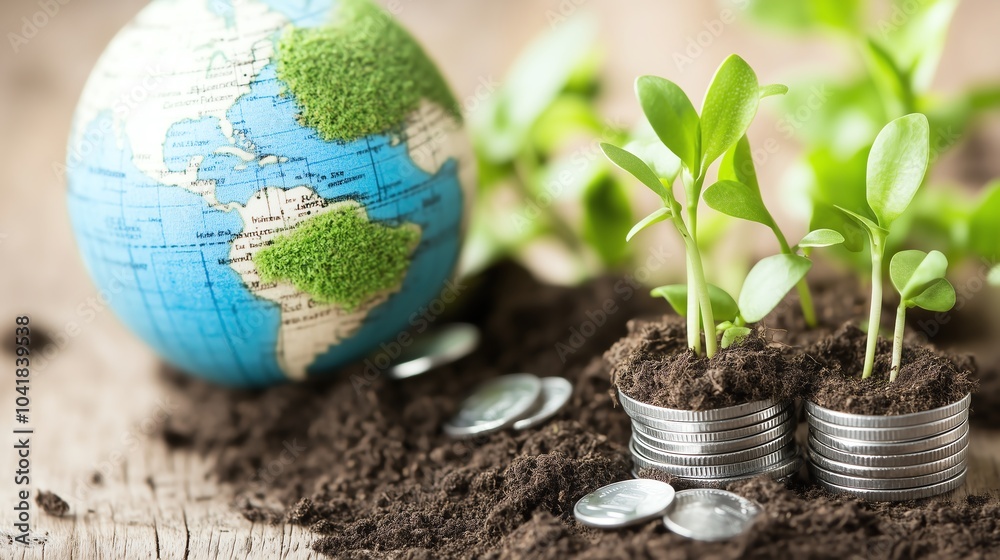 Global investment in sustainability with sprouting plants and coins in soil beside a globe, symbolizing eco-friendly financial growth. Global investment in sustainability with sprouting plants and coins in soil beside a globe, symbolizing eco-friendly financial growth.
