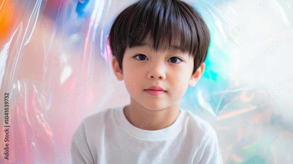 Asian boy on holographic plastic background Asian boy on holographic plastic background