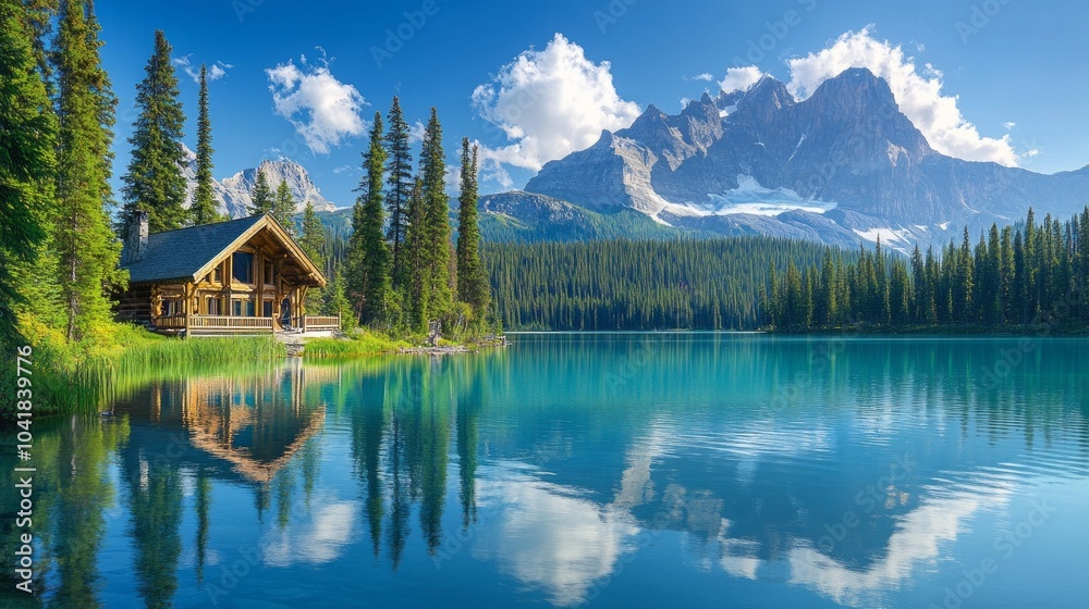 Fototapeta premium A cabin is situated on the shore of a lake, with mountains in the background