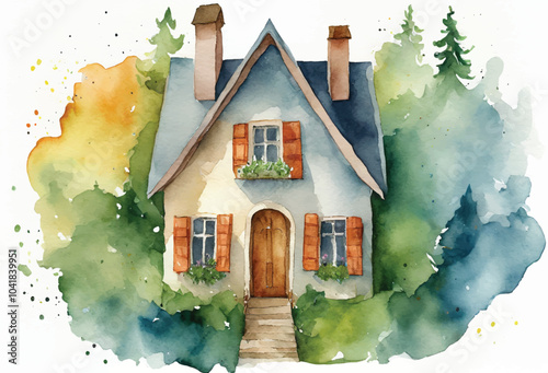 Watercolor cottage house painting, Watercolour paint of cottage village house