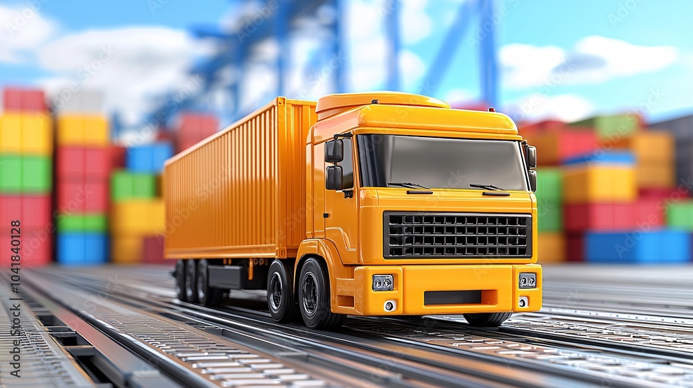 Yellow Truck Driving on Rails at Shipping Port. Yellow Truck Driving on Rails at Shipping Port.