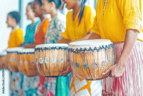 Una tribu africana realiza una danza ceremonial, vistiendo coloridos trajes tradicionales y adornos de cuentas. Sus rostros, pintados con diseños simbólicos, reflejan la alegría y la conexión cultural photo