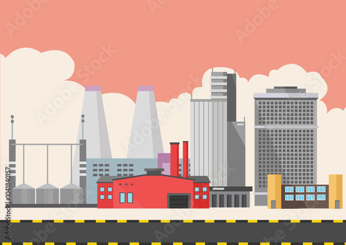 industrial or factory area with tall buildings and chimneys