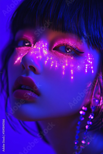 A young Japanese woman with bold, neon-colored makeup in purple and pink, accented by tiny crystals under her eyes. The lighting emphasizes the futuristic and avant-garde style of the look.