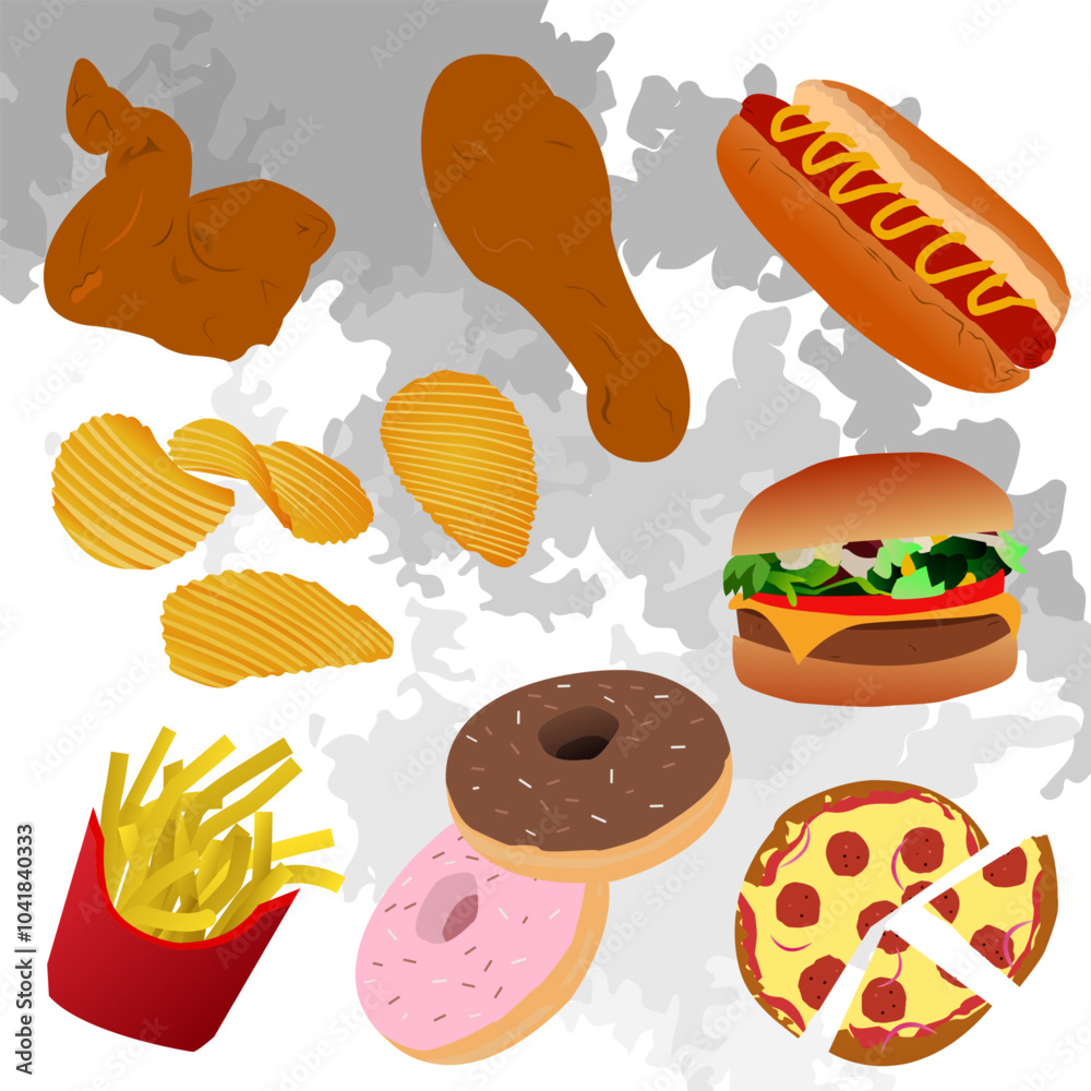 some junk food and fast food with white watercolor background