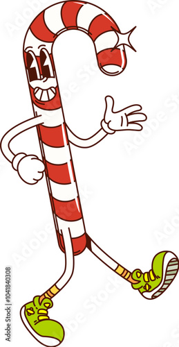 Candy cane funny groovy hippie dessert, sweet food character. Isolated vector retro Christmas confection decorated with vibrant red and white stripes, wearing sneakers and has a big toothy smile