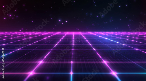 glowing digital grid in purple and cyan colors stretches across dark background, creating mesmerizing and futuristic atmosphere. vibrant lights evoke sense of wonder and excitement