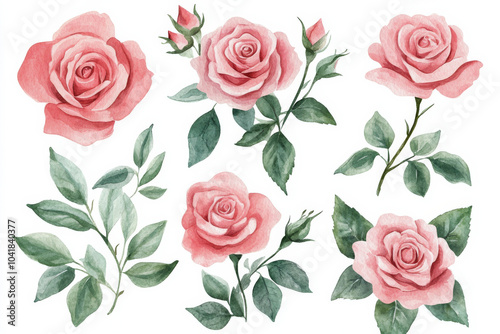 An exquisite watercolor set of delicate pink roses, surrounded by soft green leaves. Each flower is hand-painted with attention to detail and isolated on a white background, ideal for floral decor,
