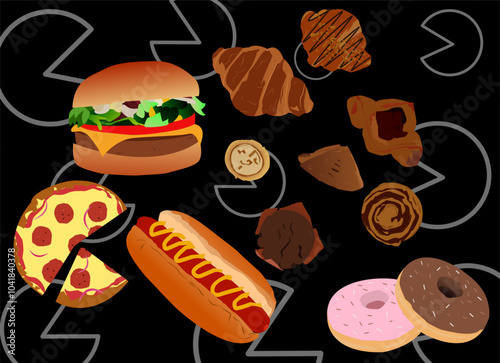 hamburger, cookies, pizza, donuts, hot dogs, with black background and funny doodles