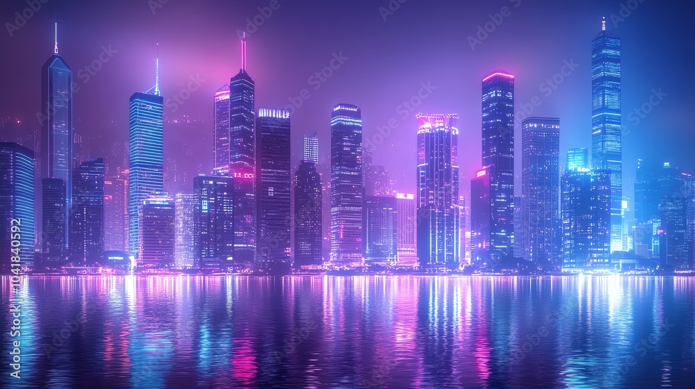 Fototapeta premium Vibrant city skyline at night with colorful lights reflecting.