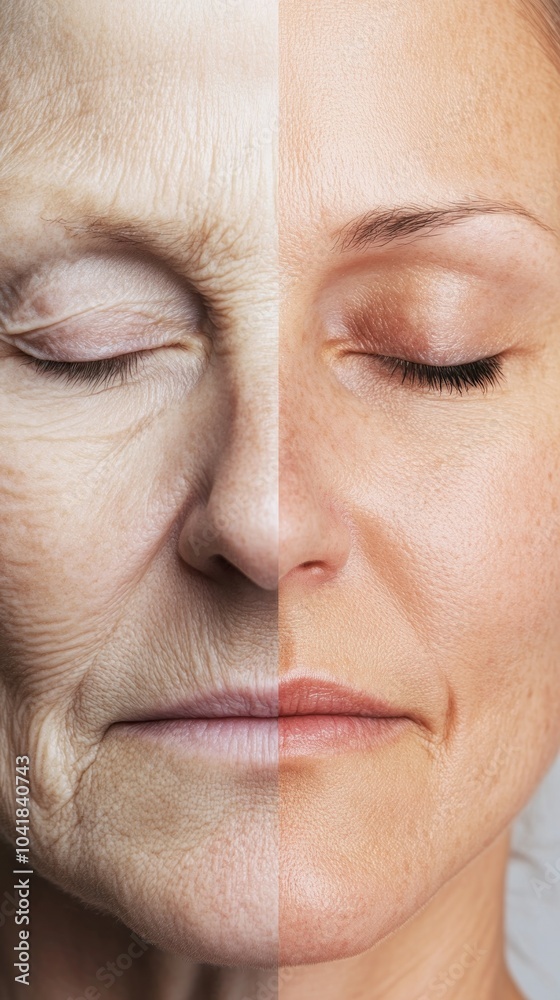 Split Portrait Symbolizing Aging Process and Youth: Split Portrait Symbolizing Aging Process and Youth: