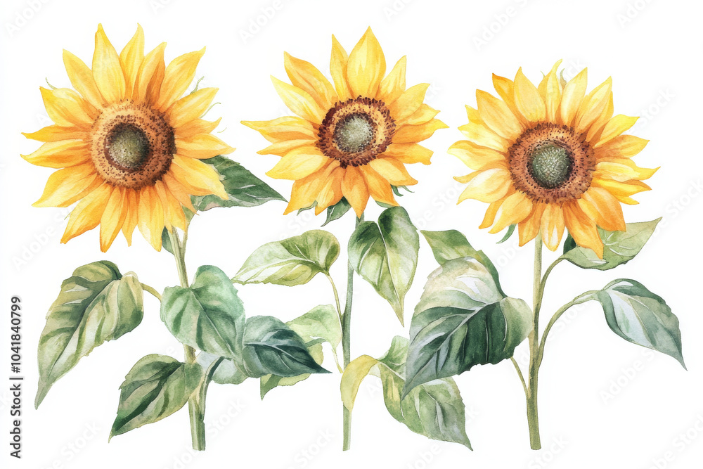Obraz premium A beautiful watercolor set of sunflowers, featuring bright yellow petals and green leaves, hand-drawn with soft summer tones. The flowers are isolated on a white background, perfect for elegant floral