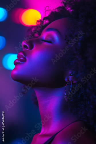 A close-up of a young African American female singer captivating the audience with her powerful voice during a live concert. The stage is illuminated with colorful lights, enhancing the emotional