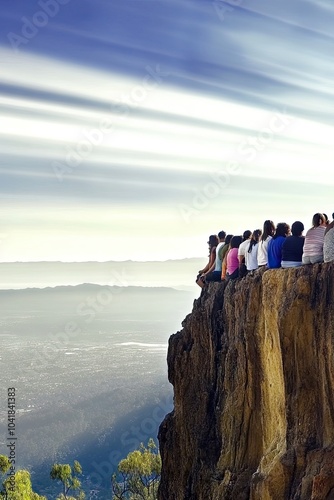 Grupo de personas en la cima de una montaña realizando un ritual de agradecimiento durante el solsticio de verano, con el amanecer iluminando el impresionante paisaje. La escena evoca conexión espirit photo