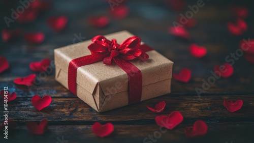 Red gift box with rose petals scattered on wooden background