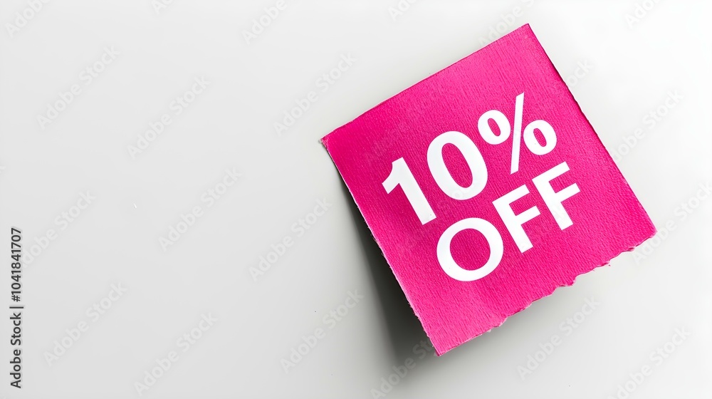 White '10% OFF' Text on a Magenta Square Paper Note. White Background with Copy Space White '10% OFF' Text on a Magenta Square Paper Note. White Background with Copy Space