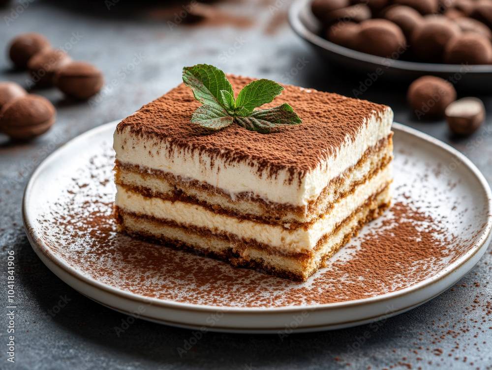 gourmet slice of tiramisu topped with cocoa powder and mint leaf, served on plate. dessert is surrounded by chocolate covered treats, creating inviting and indulgent atmosphere gourmet slice of tiramisu topped with cocoa powder and mint leaf, served on plate. dessert is surrounded by chocolate covered treats, creating inviting and indulgent atmosphere