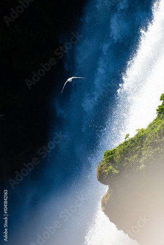 Obraz na płótnie Stunning view of a seagull flying in front of the beautiful Skogafoss waterfall, Iceland. w salonie