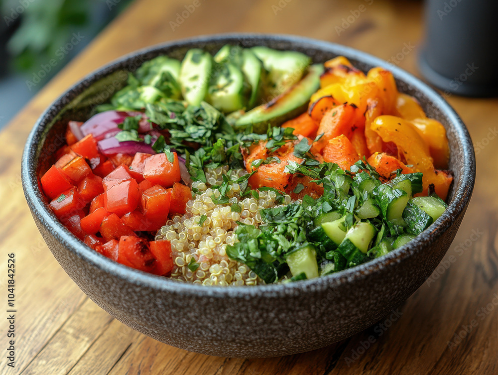 vibrant and healthy vegan bowl featuring quinoa, fresh vegetables like bell peppers, cucumbers, and tomatoes, garnished with herbs for nutritious meal vibrant and healthy vegan bowl featuring quinoa, fresh vegetables like bell peppers, cucumbers, and tomatoes, garnished with herbs for nutritious meal