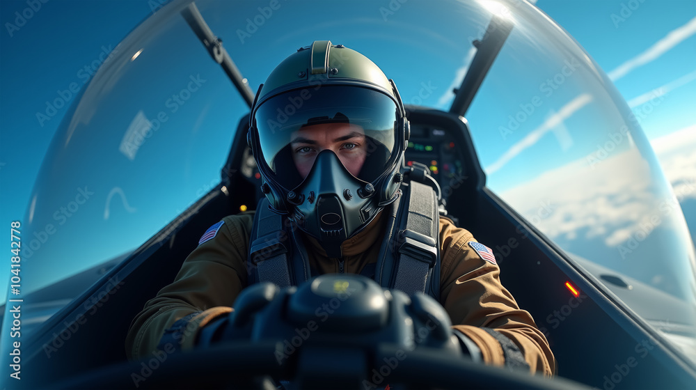 Close-up of a military pilot in a green flight suit, helmet and oxygen mask, inside the cockpit of a fighter jet. Young pilot with helmet and oxygen mask in cockpit of figther jet Close-up of a military pilot in a green flight suit, helmet and oxygen mask, inside the cockpit of a fighter jet. Young pilot with helmet and oxygen mask in cockpit of figther jet