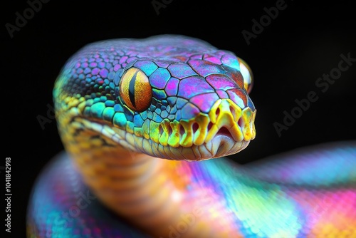 Rainbow boa constrictor with iridescent scales reflecting a spectrum of colors, elegantly slithering, with high contrast between the reptile and black background photo