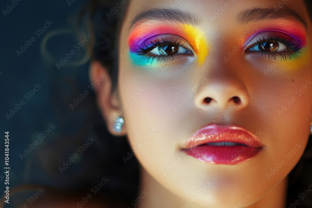 A young Hispanic woman with bold rainbow-colored makeup and crystal accents on the corners of her eyes. The bright, saturated hues of her makeup create a youthful and energetic vibe. A young Hispanic woman with bold rainbow-colored makeup and crystal accents on the corners of her eyes. The bright, saturated hues of her makeup create a youthful and energetic vibe.