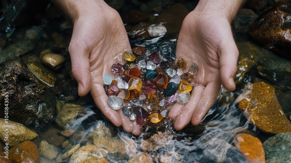 Hands sifting through a streambed, uncovering raw gemstones in their ...