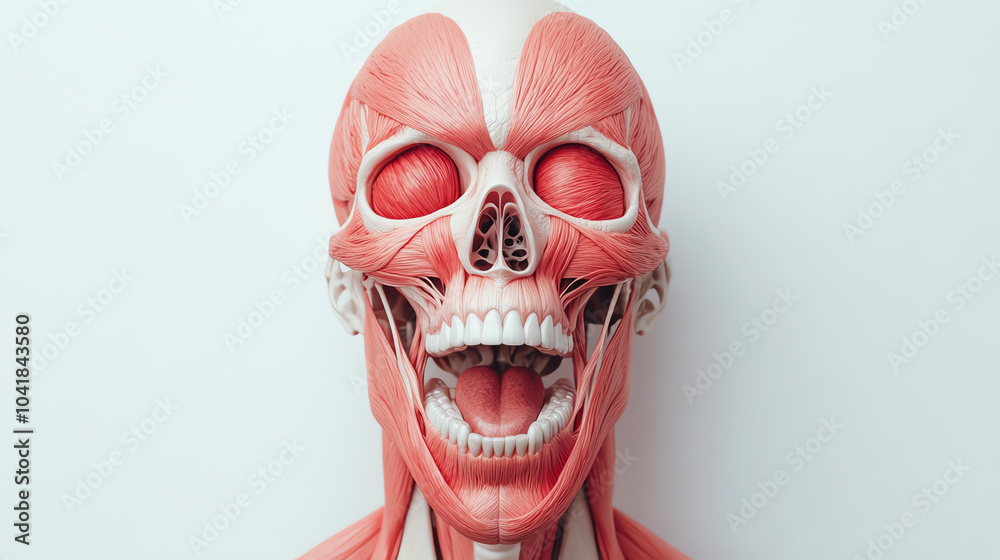 Fototapeta premium A detailed anatomical model showcasing human musculature and skeletal structure against a white isolated background.