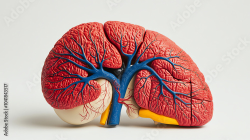 A detailed anatomical model of a human lung, showcasing intricate blood vessels and structures for educational purposes, on a white isolated background. photo