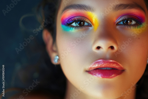 A young Hispanic woman with bold rainbow-colored makeup and crystal accents on the corners of her eyes. The bright, saturated hues of her makeup create a youthful and energetic vibe.