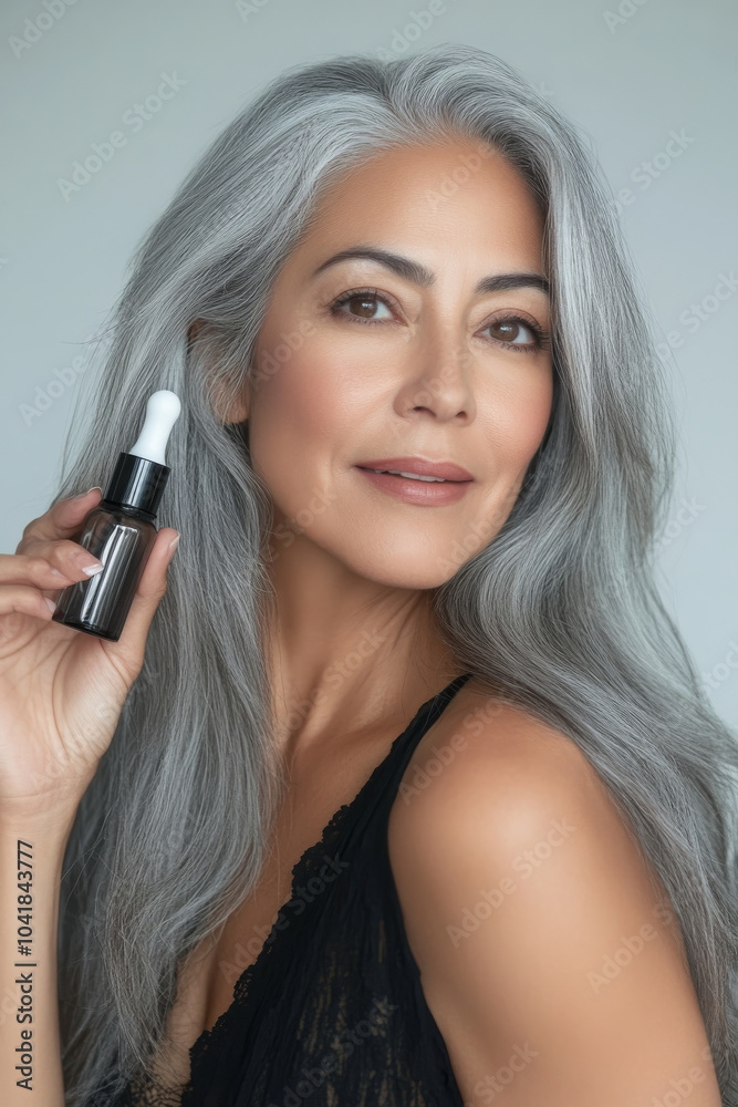 Fototapeta premium A radiant Hispanic woman with silver-grey hair and youthful, glowing skin holds an anti-aging serum with confidence. Her graceful beauty shines through her smooth and healthy complexion.