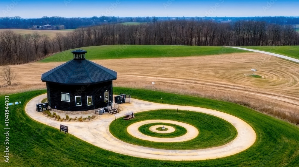 Obraz premium Picturesque Pastoral Landscape with Rustic Cottage and Barn in Autumnal Countryside