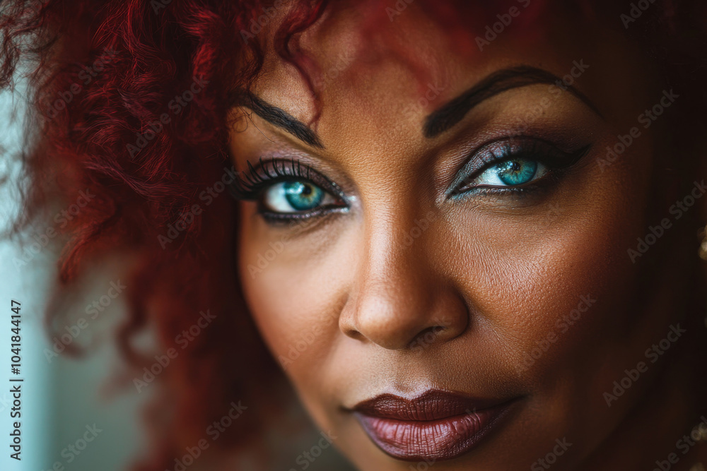 A middle-aged Black woman with beautifully styled red hair and vibrant blue eyes poses elegantly in a close-up portrait. The light captures her unique features, showcasing her strength and beauty. A middle-aged Black woman with beautifully styled red hair and vibrant blue eyes poses elegantly in a close-up portrait. The light captures her unique features, showcasing her strength and beauty.