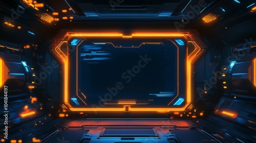 Abstract futuristic technology interface with glowing orange and blue neon lights. Futuristic interior design concept.