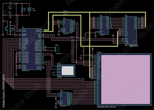 Vector electrical schematic diagram of graphic lcd touch panel,
runs under control of microcontroller. 
Design demonstrates how cpu can to
drive touch panel. Computer cad model of electronic device.