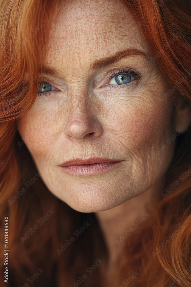 A senior Caucasian woman with warm red locks and deep blue eyes radiates warmth in her close-up portrait. The soft background emphasizes her facial features, reflecting the grace and beauty of aging. A senior Caucasian woman with warm red locks and deep blue eyes radiates warmth in her close-up portrait. The soft background emphasizes her facial features, reflecting the grace and beauty of aging.