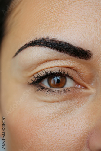 A middle-aged Hispanic woman eye with a sharp, stylish eyebrow groomed with a pencil for a bold, well-defined look. The clean lines enhance her trendy and professional style. photo