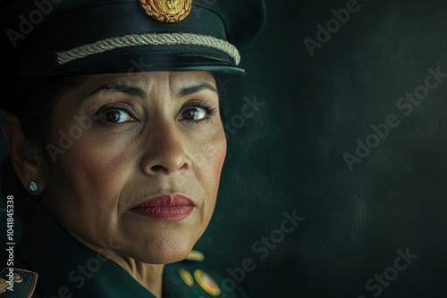 A senior Hispanic female soldier in military dress uniform, her expression full of wisdom and authority, framed by an official military setting.